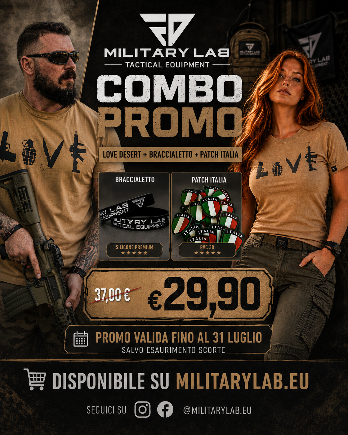 COMBO PACK DESERT T-Shirt Love, Patch Italia e Braccialetto Military Labยฎ