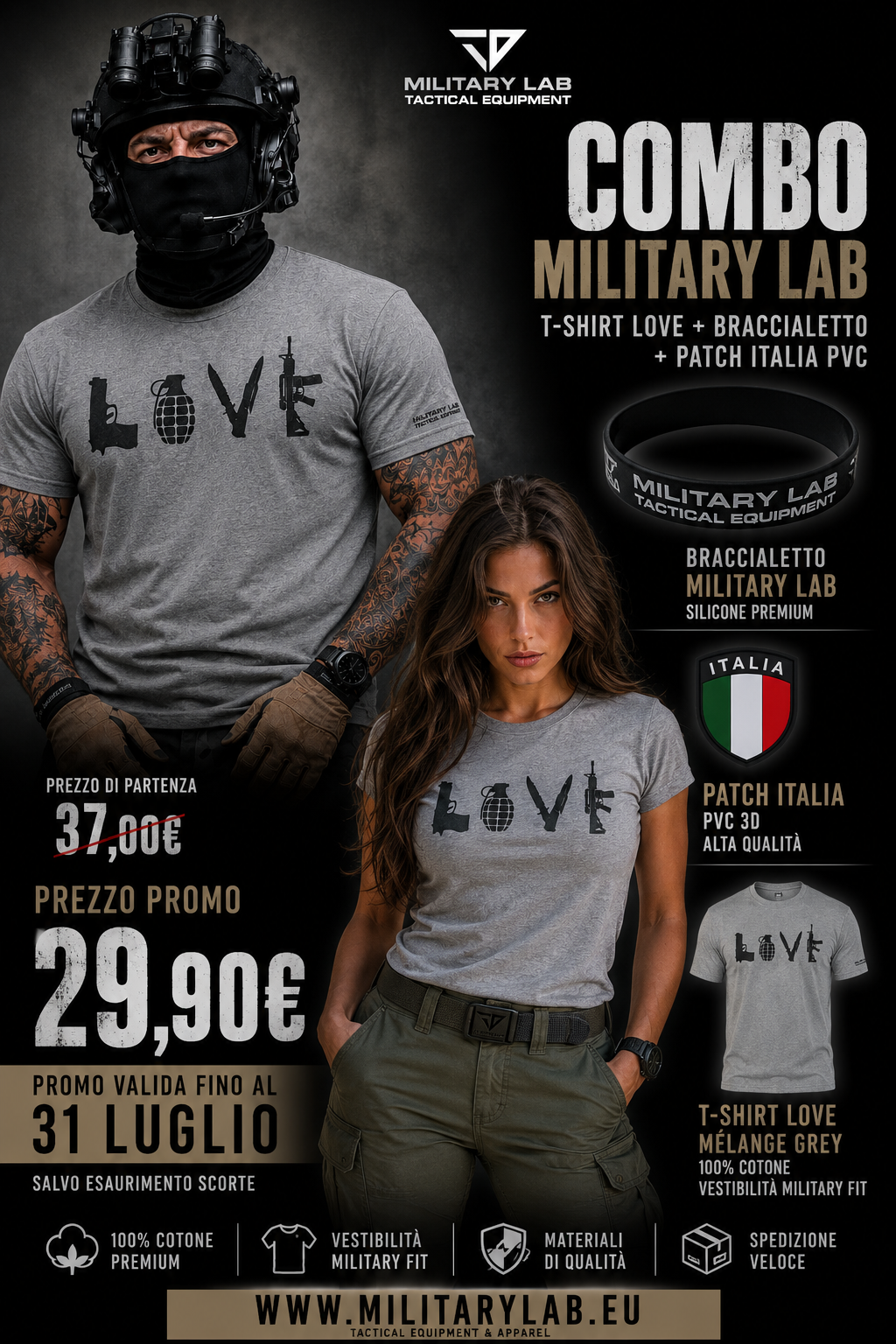 COMBO PACK MELANGE GREY T-Shirt Love, Patch Italia e Braccialetto Military Labยฎ