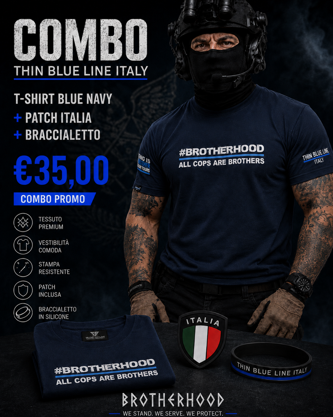 PROMO TBL PACK T-Shirt Brotherhood, Patch Italia e Braccialetto Thin Blue Line Italy®