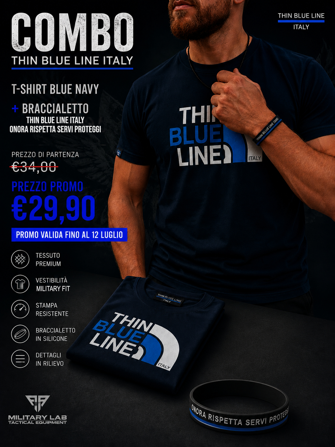 COMBO PACK Braccialetto e T-Shirt Thin Blue Line Italyยฎย FN 01 Blue Navy